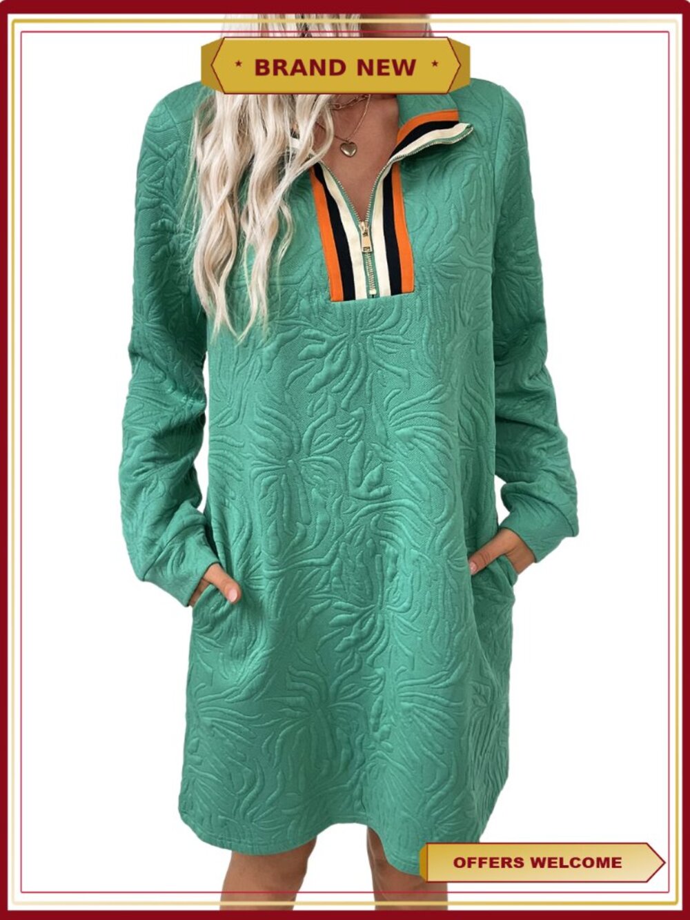 Women's Mini Dress Half Zip Striped Collar Embossed Floral Long Sleeve Textured
